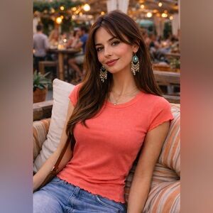 Free People Movement Orange Lettuce-Hem Tee XS/S – NWOT – Made in USA